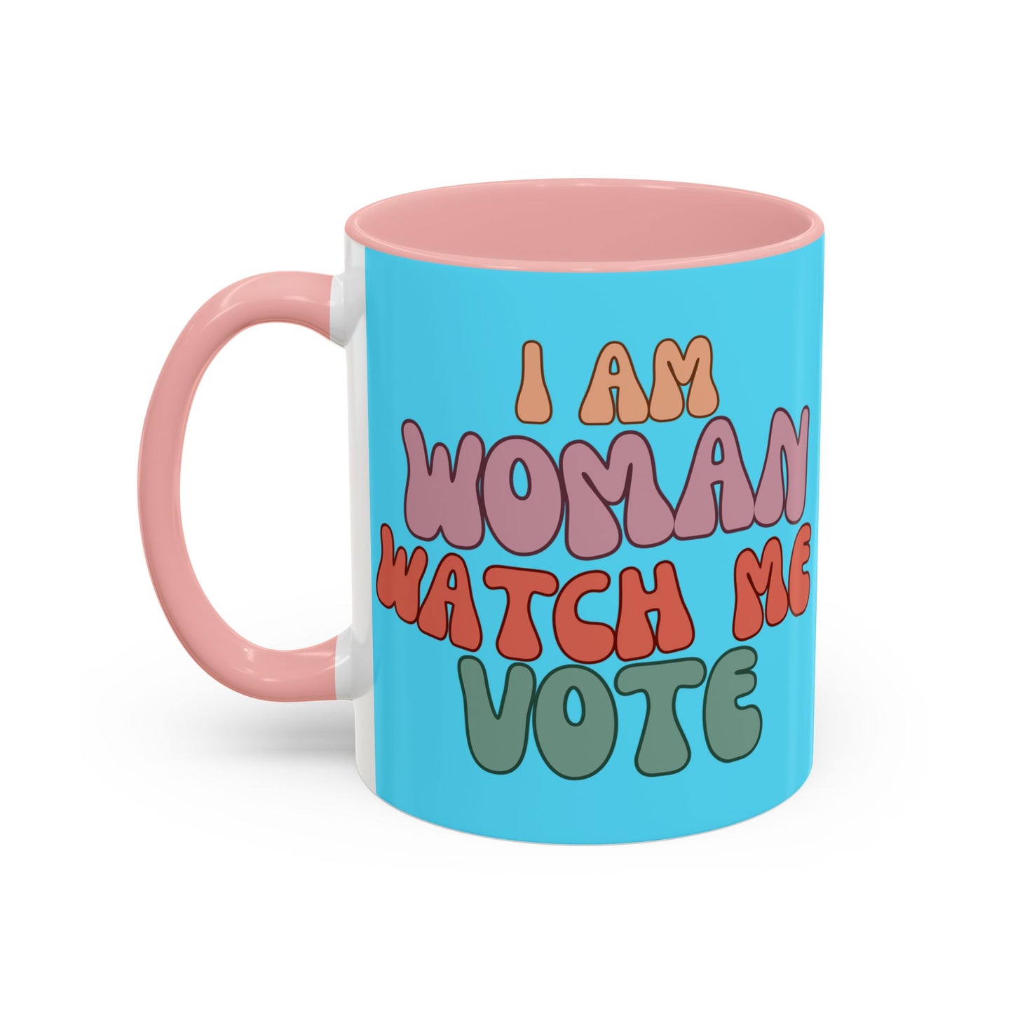 I Am Woman Watch Me Vote Light Blue Accent Mug by theGreenDragonTavern.shop