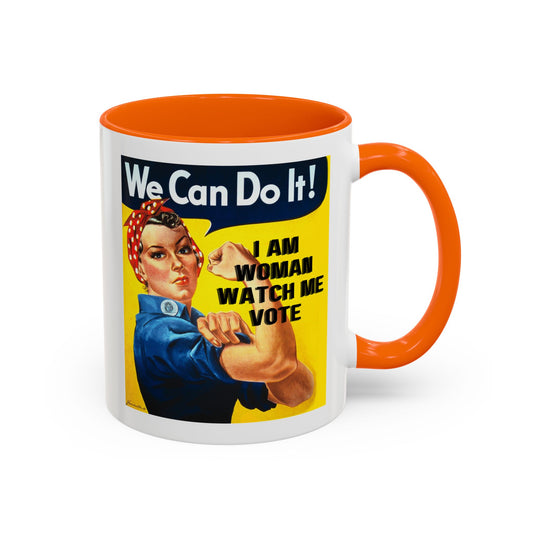 I Am Woman Watch Me Vote Rosie White Accent Mug by theGreenDragonTavern.shop