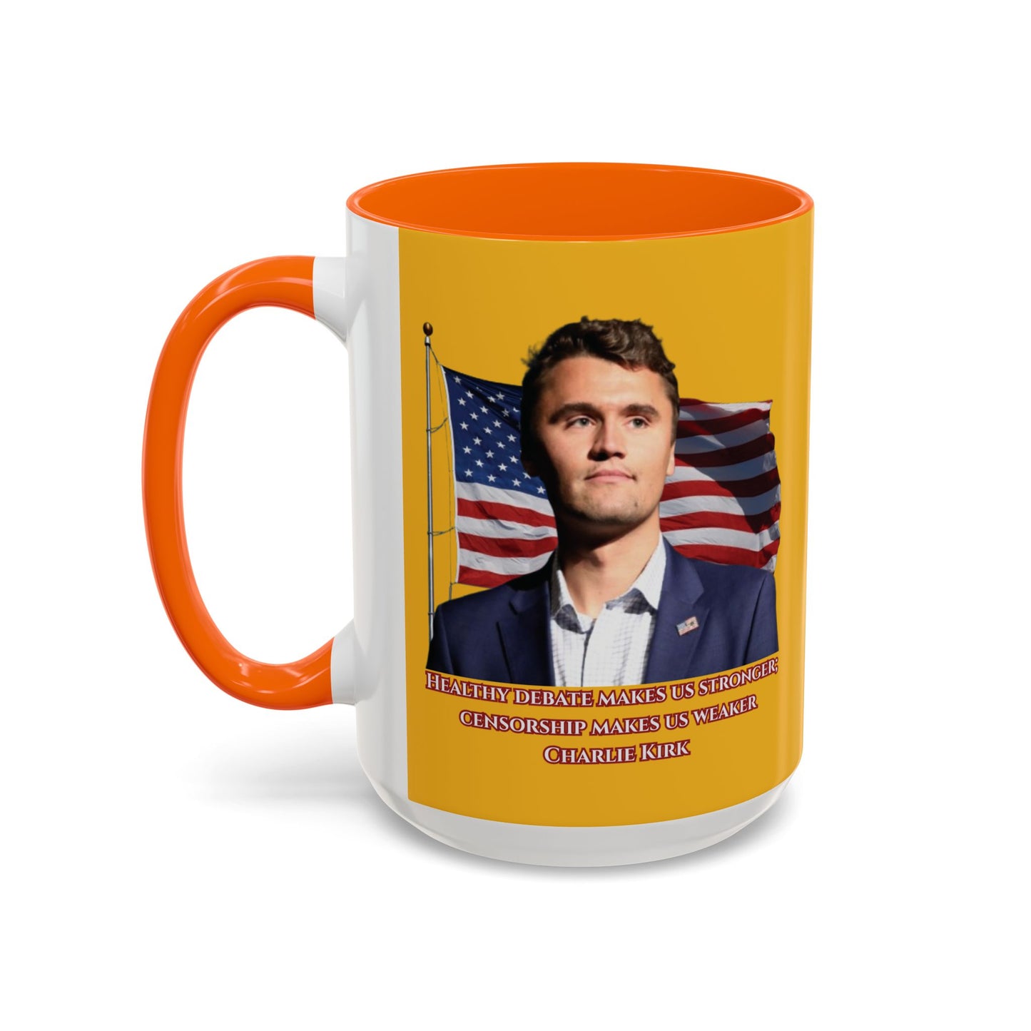 Charlie Kirk, Healthy Debate Yellow Accent Mug by theGreenDragonTavern.shop