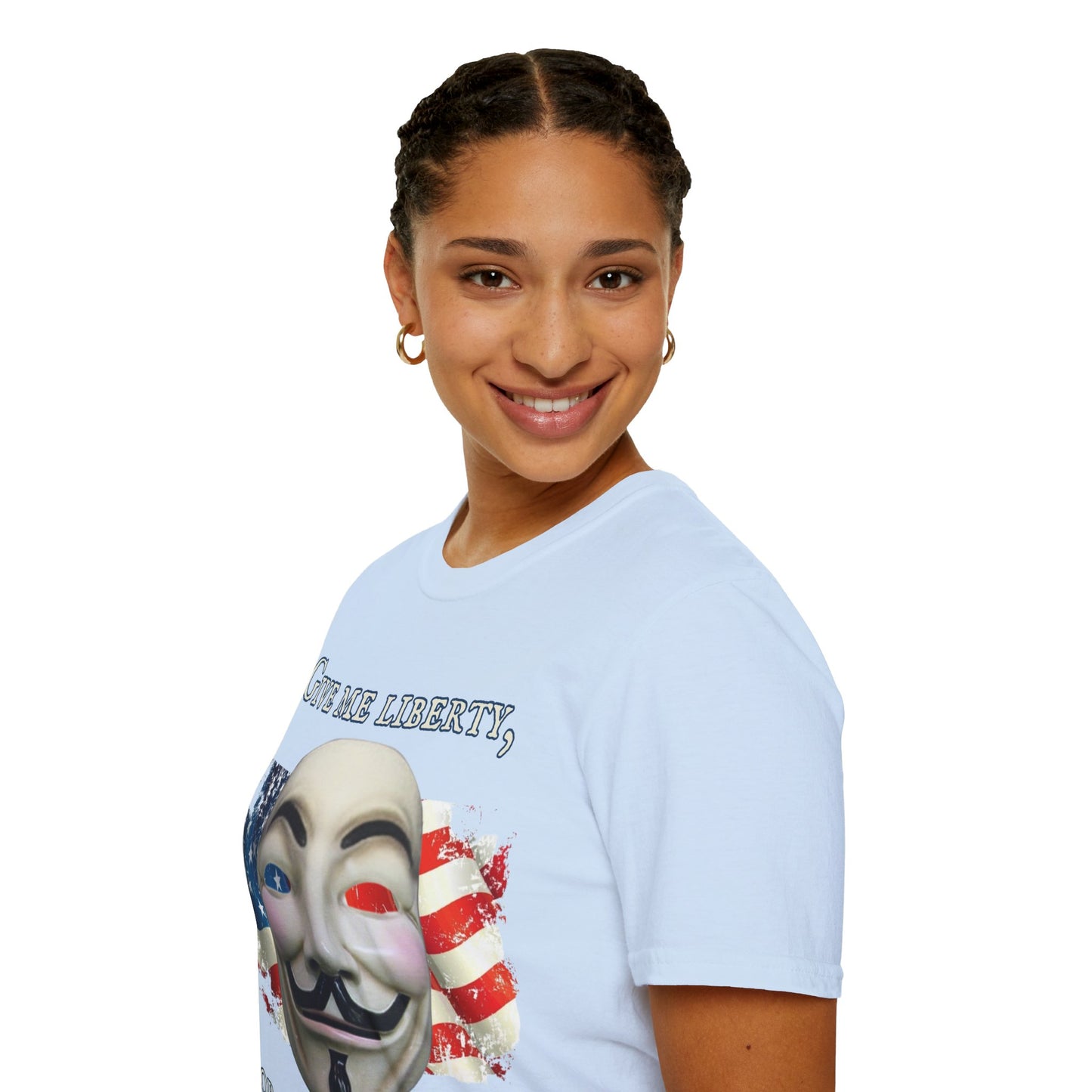 Vendetta, "Give me liberty, or give me death!" Light colors Unisex T-Shirt by theGreenDragonTavern.shop