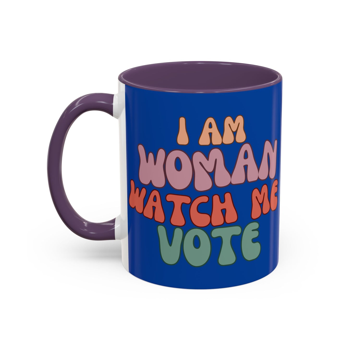 I Am Woman Watch Me Vote Dark Blue Accent Mug by theGreenDragonTavern.shop
