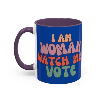 I Am Woman Watch Me Vote Dark Blue Accent Mug by theGreenDragonTavern.shop