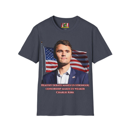 Charlie Kirk, Healthy Debate Dark colors Unisex T-Shirt by theGreenDragonTavern.shop