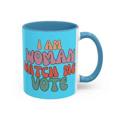 I Am Woman Watch Me Vote Light Blue Accent Mug by theGreenDragonTavern.shop