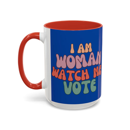 I Am Woman Watch Me Vote Dark Blue Accent Mug by theGreenDragonTavern.shop