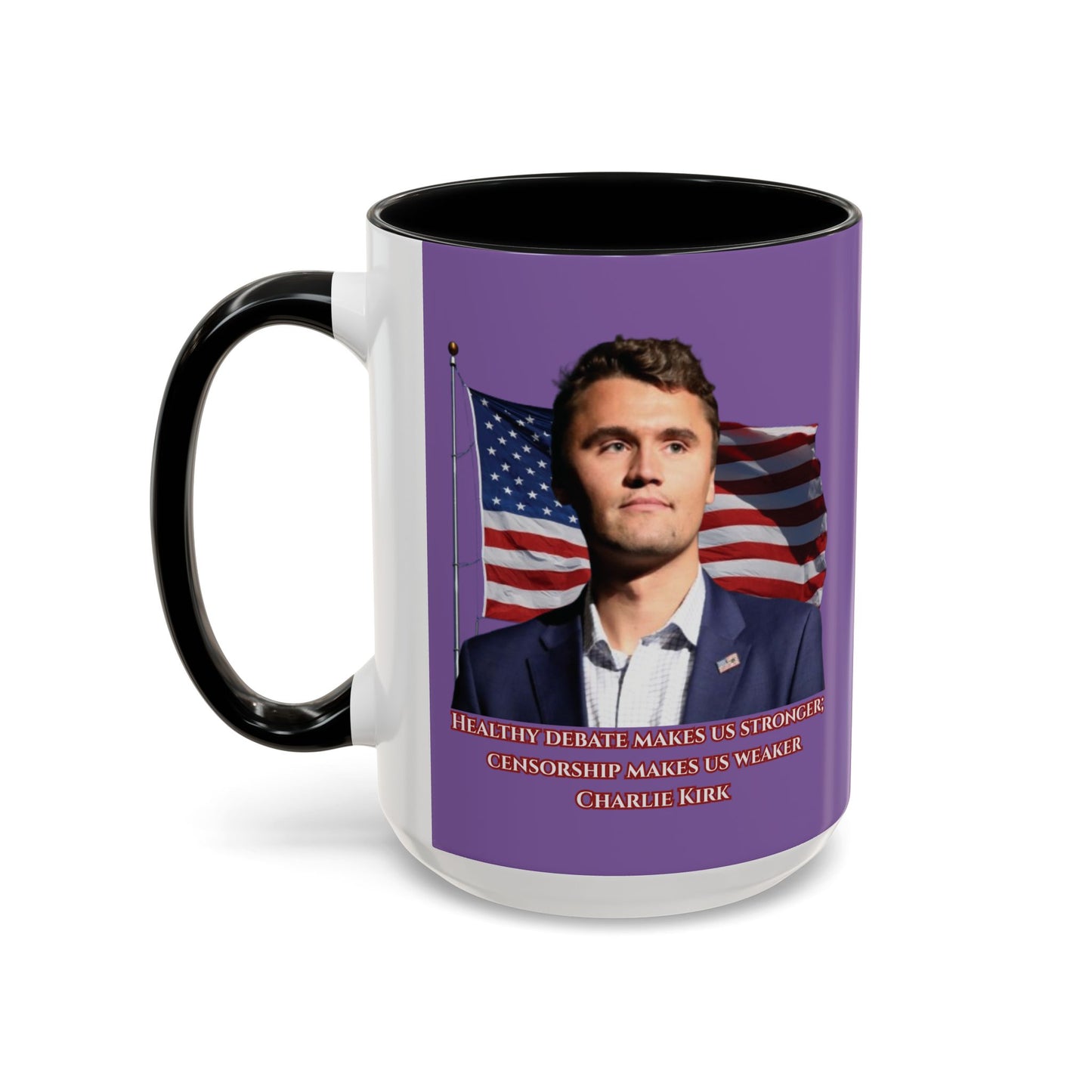 Charlie Kirk, Healthy Debate Light Purple Accent Mug by theGreenDragonTavern.shop