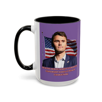 Charlie Kirk, Healthy Debate Light Purple Accent Mug by theGreenDragonTavern.shop