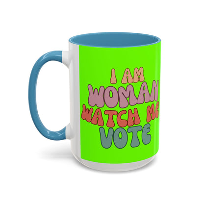 I Am Woman Watch Me Vote Light Green Accent Mug by theGreenDragonTavern.shop
