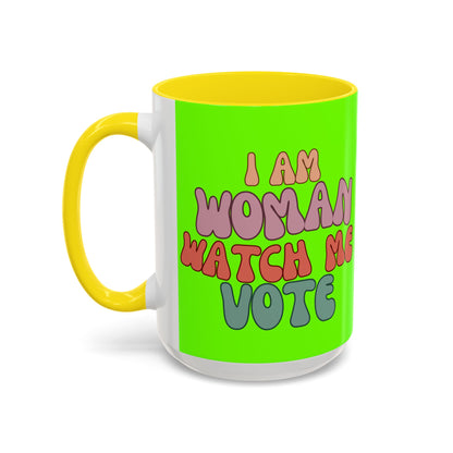I Am Woman Watch Me Vote Light Green Accent Mug by theGreenDragonTavern.shop
