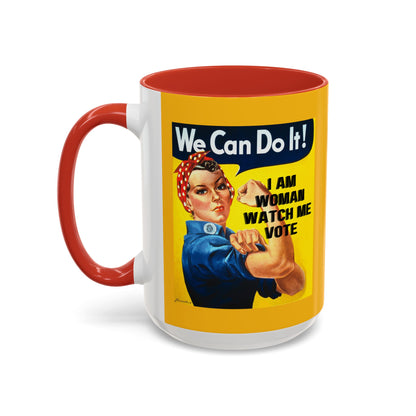 I Am Woman Watch Me Vote Rosie Yellow Accent Mug by theGreenDragonTavern.shop