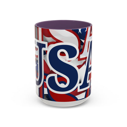 USA! USA! USA Blue font Patriot Black Accent Mug by theGreenDragonTavern.shop