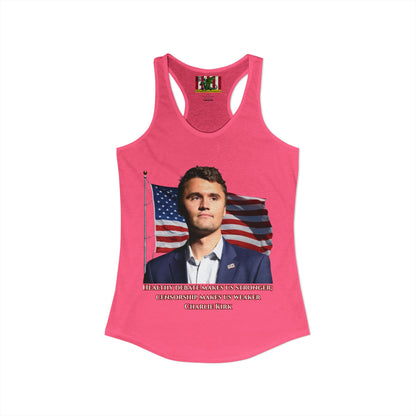 Charlie Kirk, Healthy Debate Women's Racerback Tank Top by theGreenDragonTavern.shop