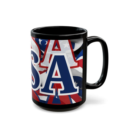 USA! USA! USA Blue font Patriot Black Mug by theGreenDragonTavern.shop