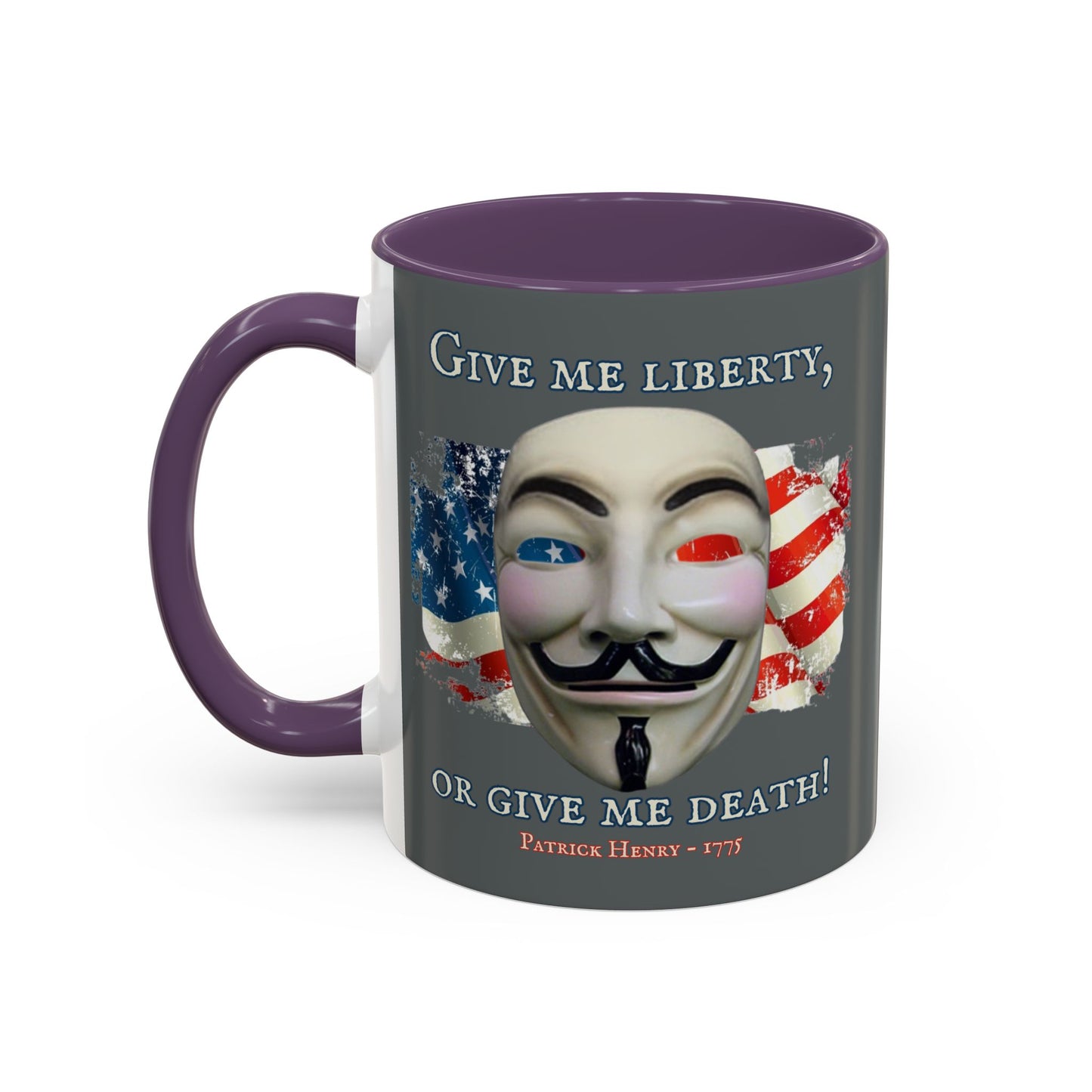 Vendetta, "Give me liberty, or give me death!" Grey Accent Mug by theGreenDragonTavern.shop