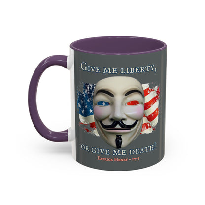 Vendetta, "Give me liberty, or give me death!" Grey Accent Mug by theGreenDragonTavern.shop
