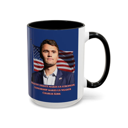 Charlie Kirk, Healthy Debate Blue Accent Mug by theGreenDragonTavern.shop