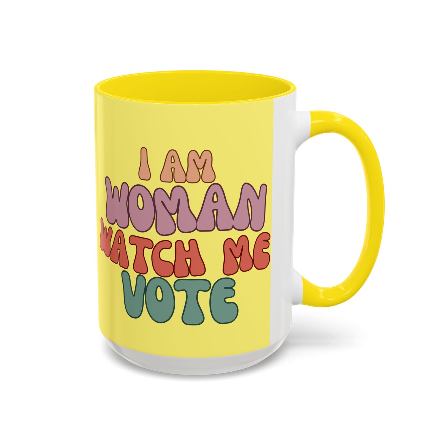 I Am Woman Watch Me Vote Yellow Accent Mug by theGreenDragonTavern.shop