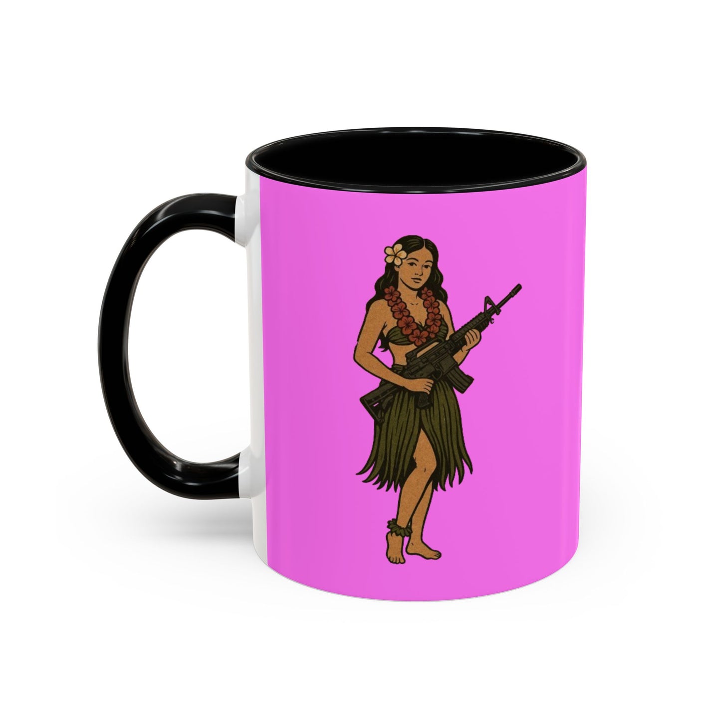 Hula Girl Packin' Heat Pink Accent Mug by theGreenDragonTavern.shop