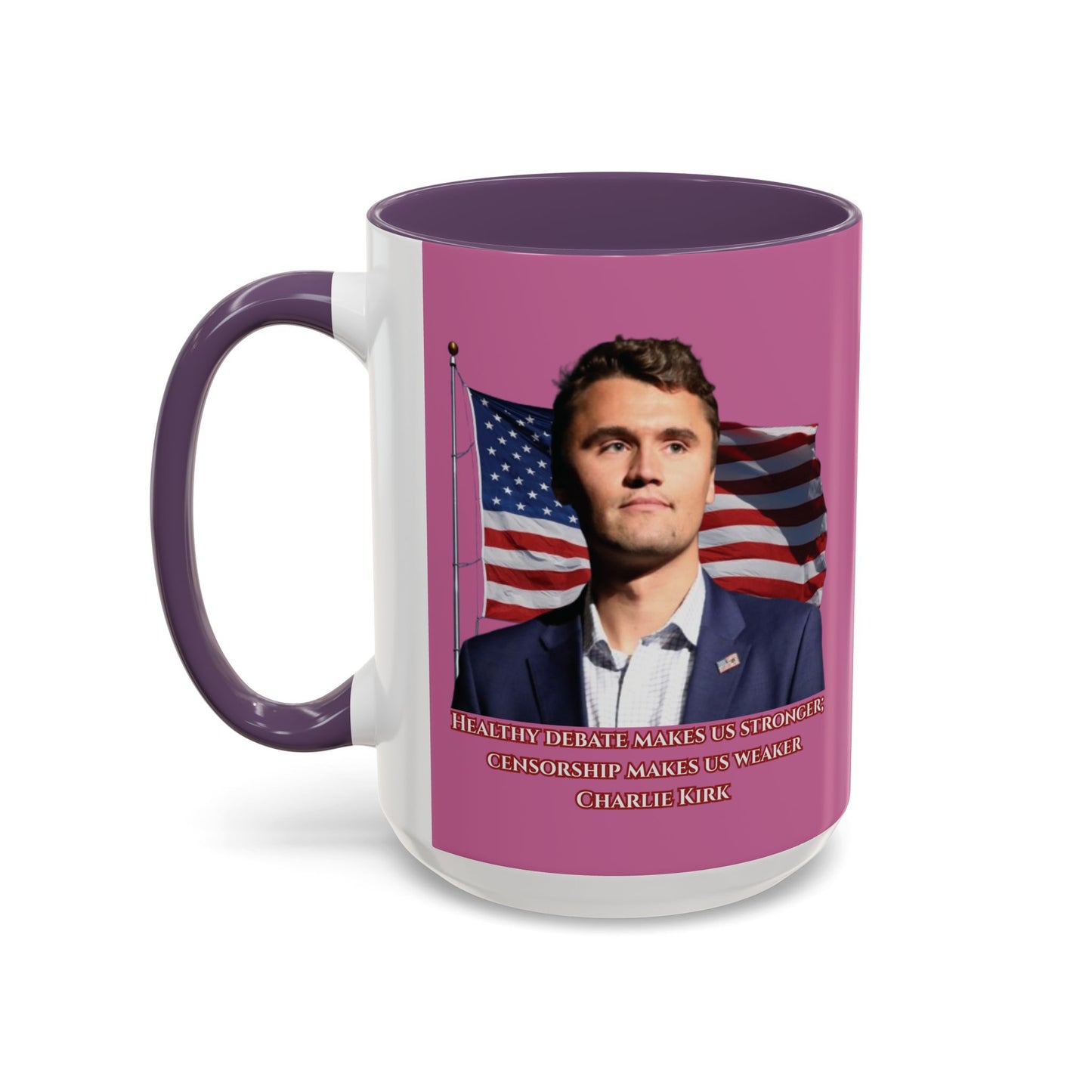 Charlie Kirk, Healthy Debate Pink Accent Mug by theGreenDragonTavern.shop