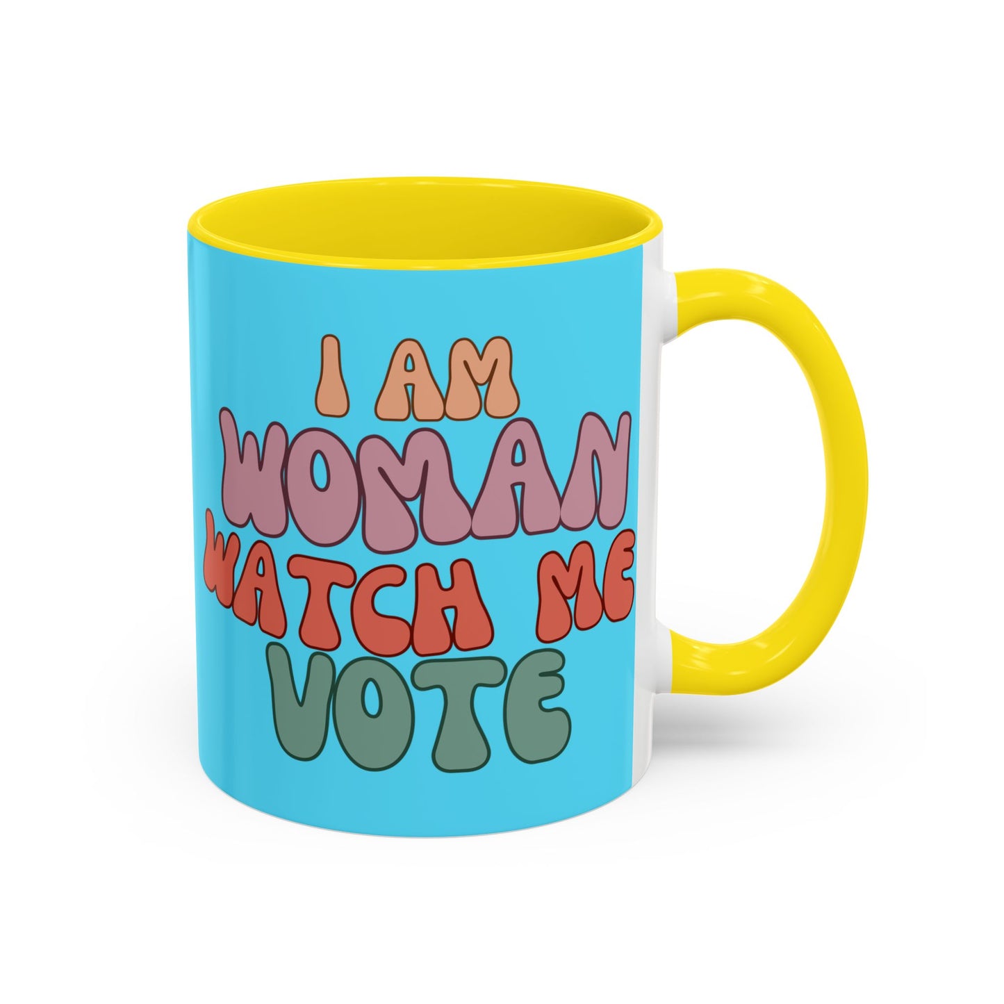 I Am Woman Watch Me Vote Light Blue Accent Mug by theGreenDragonTavern.shop