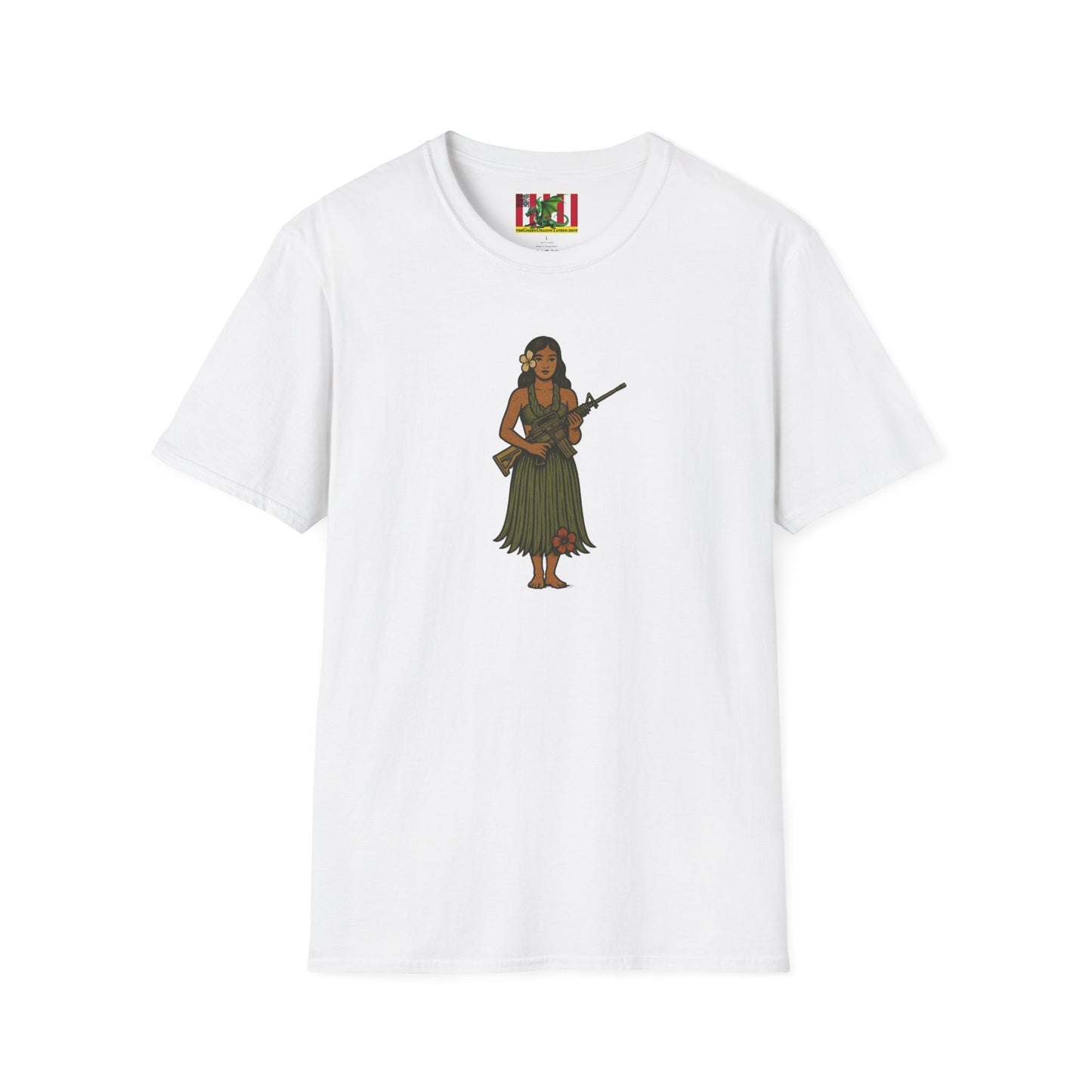 2-sided, Hula Girl Packin' Heat Light colors Unisex T-Shirt by theGreenDragonTavern.shop