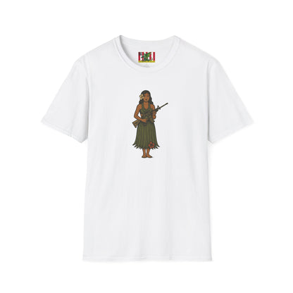 2-sided, Hula Girl Packin' Heat Light colors Unisex T-Shirt by theGreenDragonTavern.shop