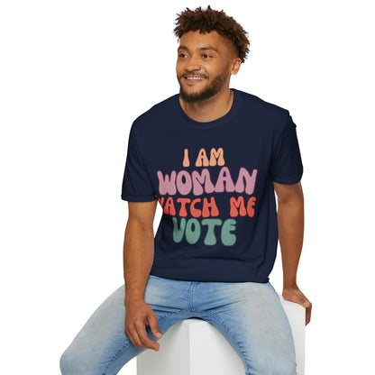 2-sided, I Am Woman Watch Me Vote Dark colors Unisex T-Shirt by theGreenDragonTavern.shop