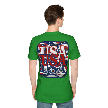 2-sided, RED White and Blue USA Patriot Dark colors Unisex T-Shirt by theGreenDragonTavern.shop