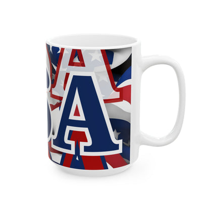 USA! USA! USA Blue font Patriot White Mug by theGreenDragonTavern.shop