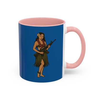 Hula Girl Packin' Heat Dark Blue Accent Mug by theGreenDragonTavern.shop