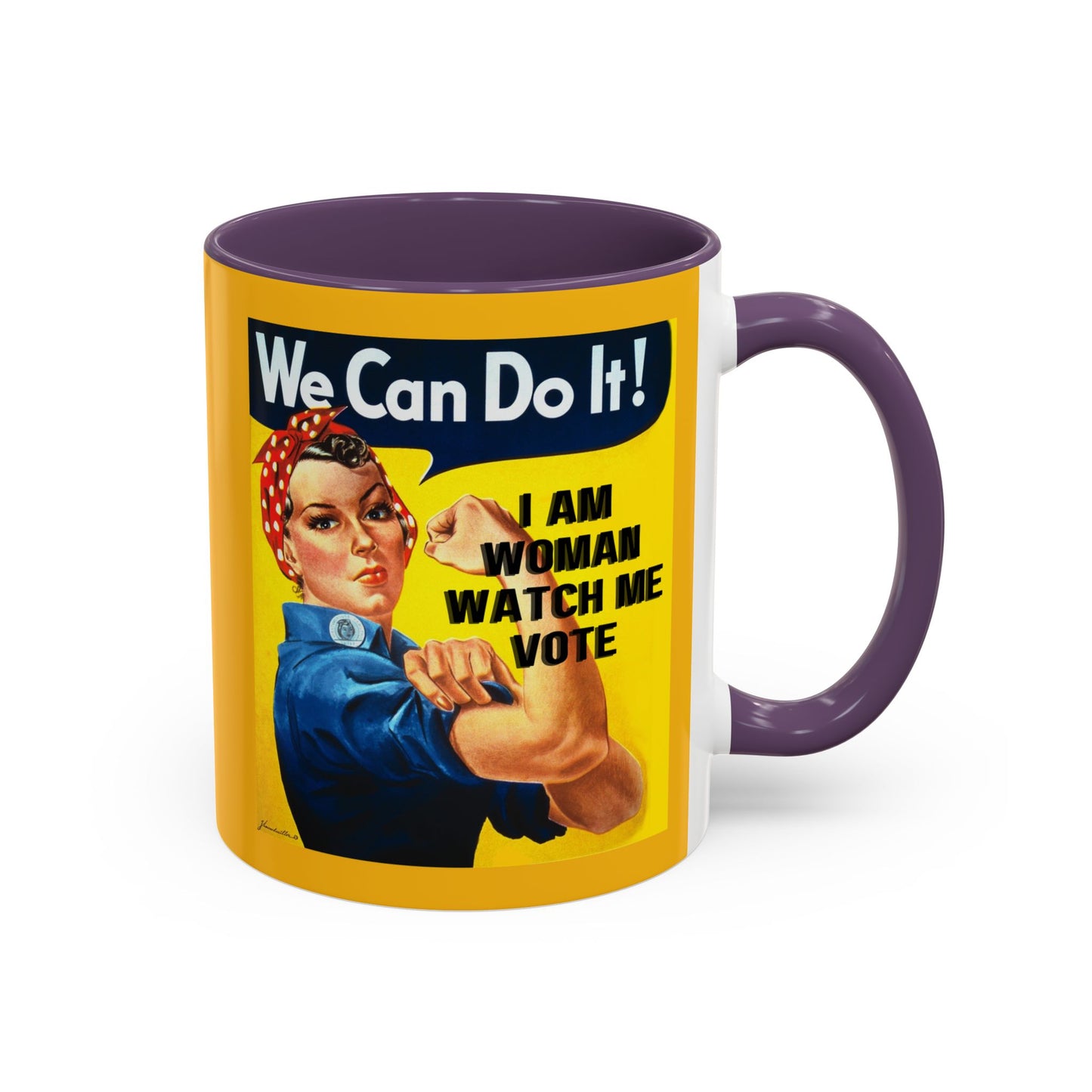 I Am Woman Watch Me Vote Rosie Yellow Accent Mug by theGreenDragonTavern.shop