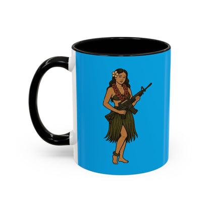 Hula Girl Packin' Heat Light Blue Accent Mug by theGreenDragonTavern.shop