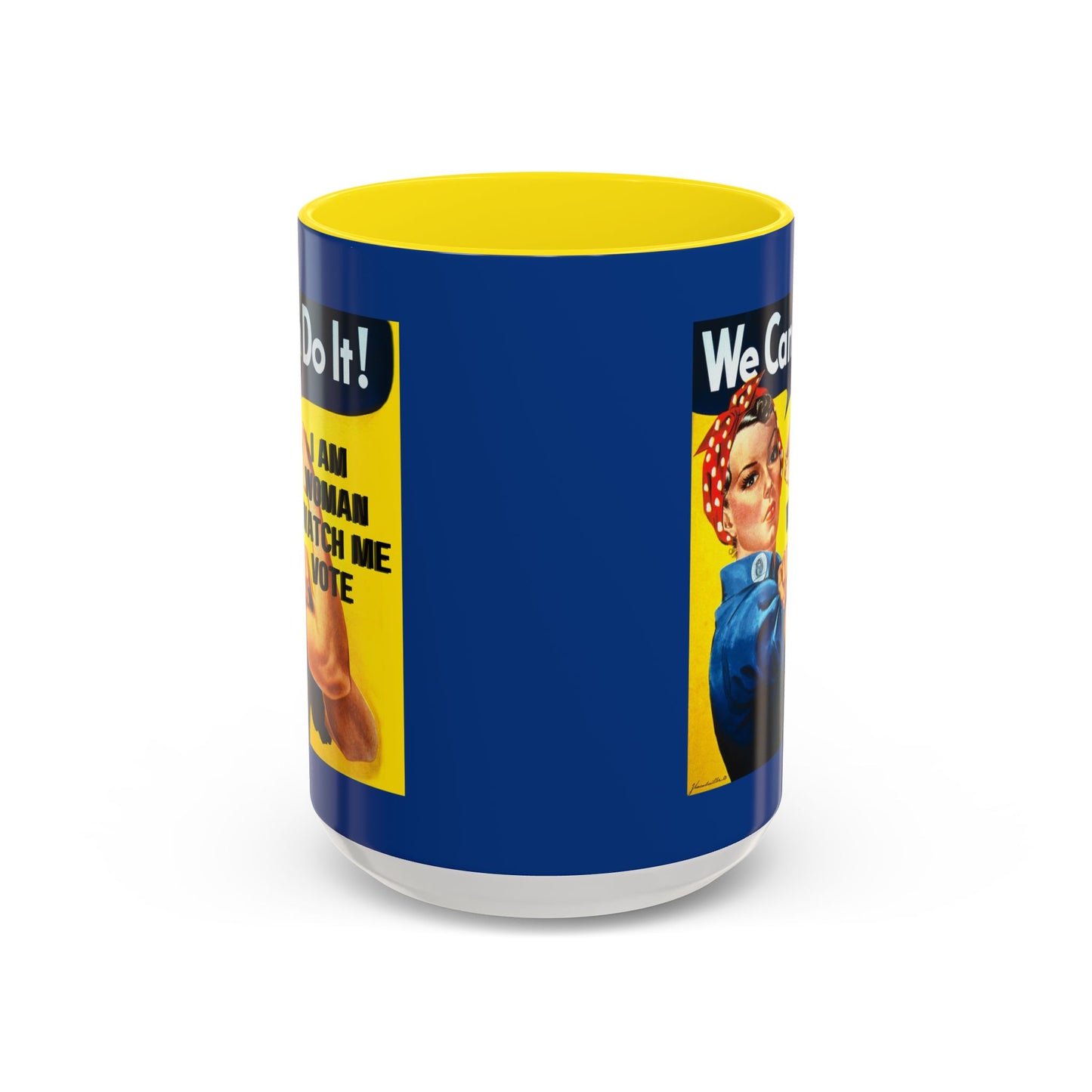 I Am Woman Watch Me Vote Rosie Dark Blue Accent Mug by theGreenDragonTavern.shop