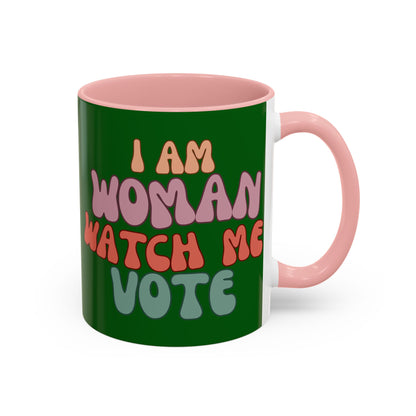 I Am Woman Watch Me Vote Dark Green Accent Mug by theGreenDragonTavern.shop