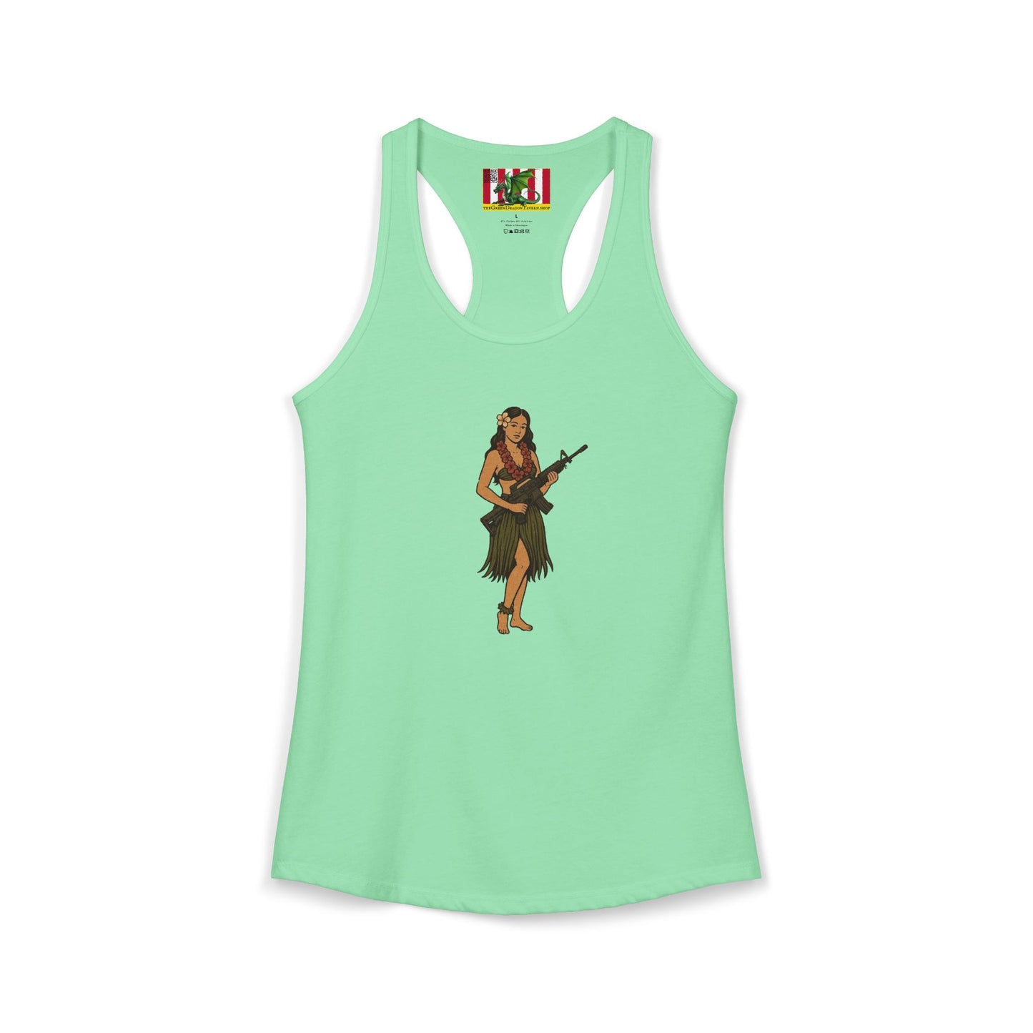 Hula Girl Packin' Heat Women's Racerback Tank Top by theGreenDragonTavern.shop