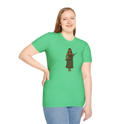 2-sided, Hula Girl Packin' Heat Dark colors Unisex T-Shirt by theGreenDragonTavern.shop