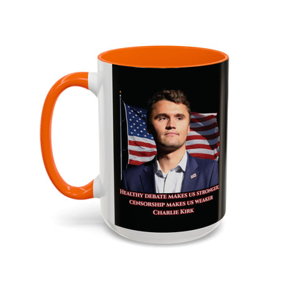 Charlie Kirk, Healthy Debate Black Accent Mug by theGreenDragonTavern.shop