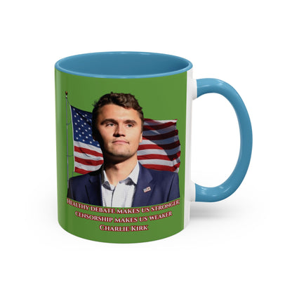 Charlie Kirk, Healthy Debate Green Accent Mug by theGreenDragonTavern.shop