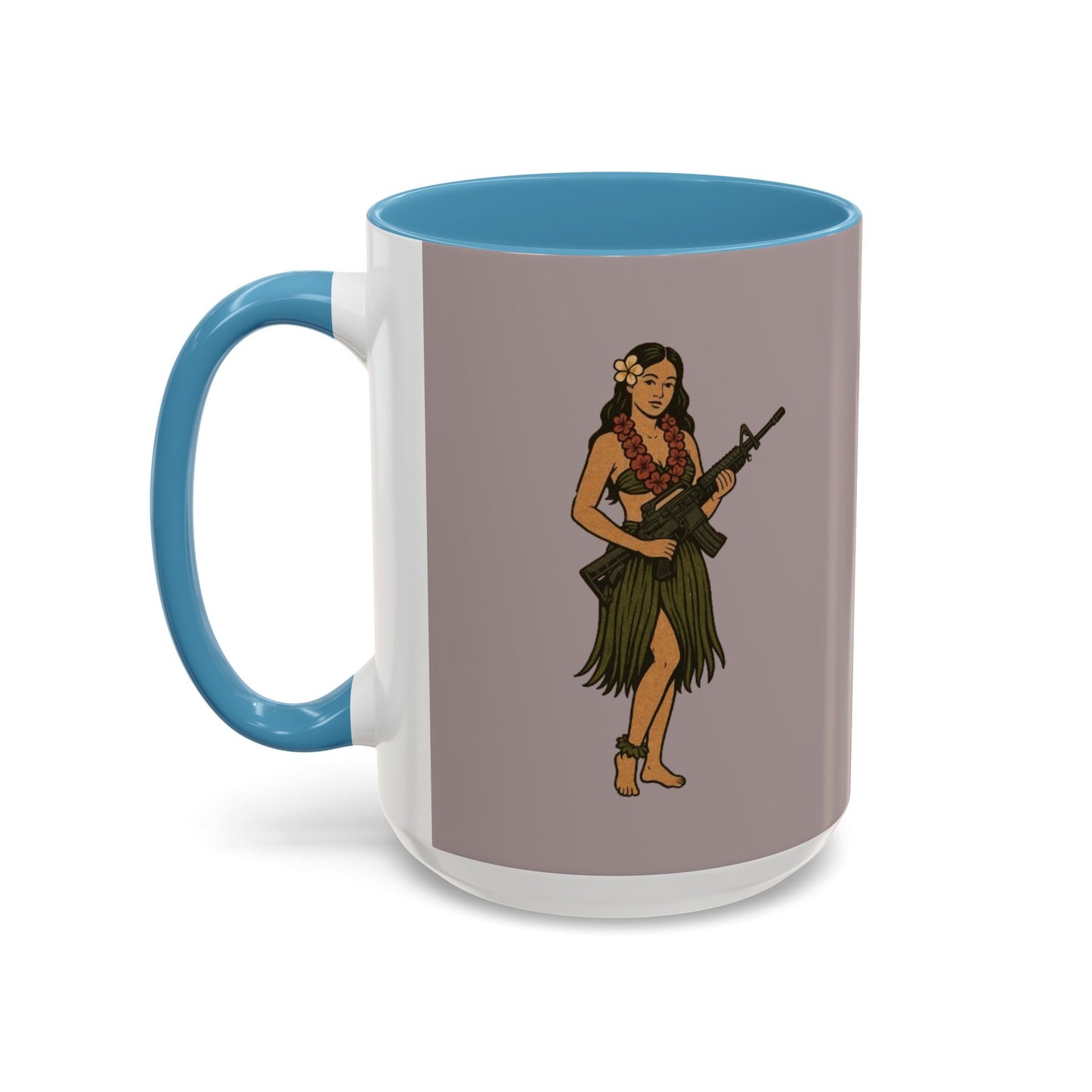 Hula Girl Packin' Heat Grey Accent Mug by theGreenDragonTavern.shop