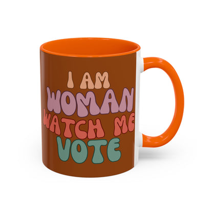 I Am Woman Watch Me Vote Brown Accent Mug by theGreenDragonTavern.shop