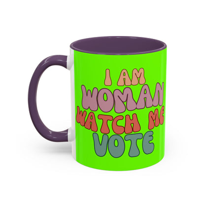 I Am Woman Watch Me Vote Light Green Accent Mug by theGreenDragonTavern.shop