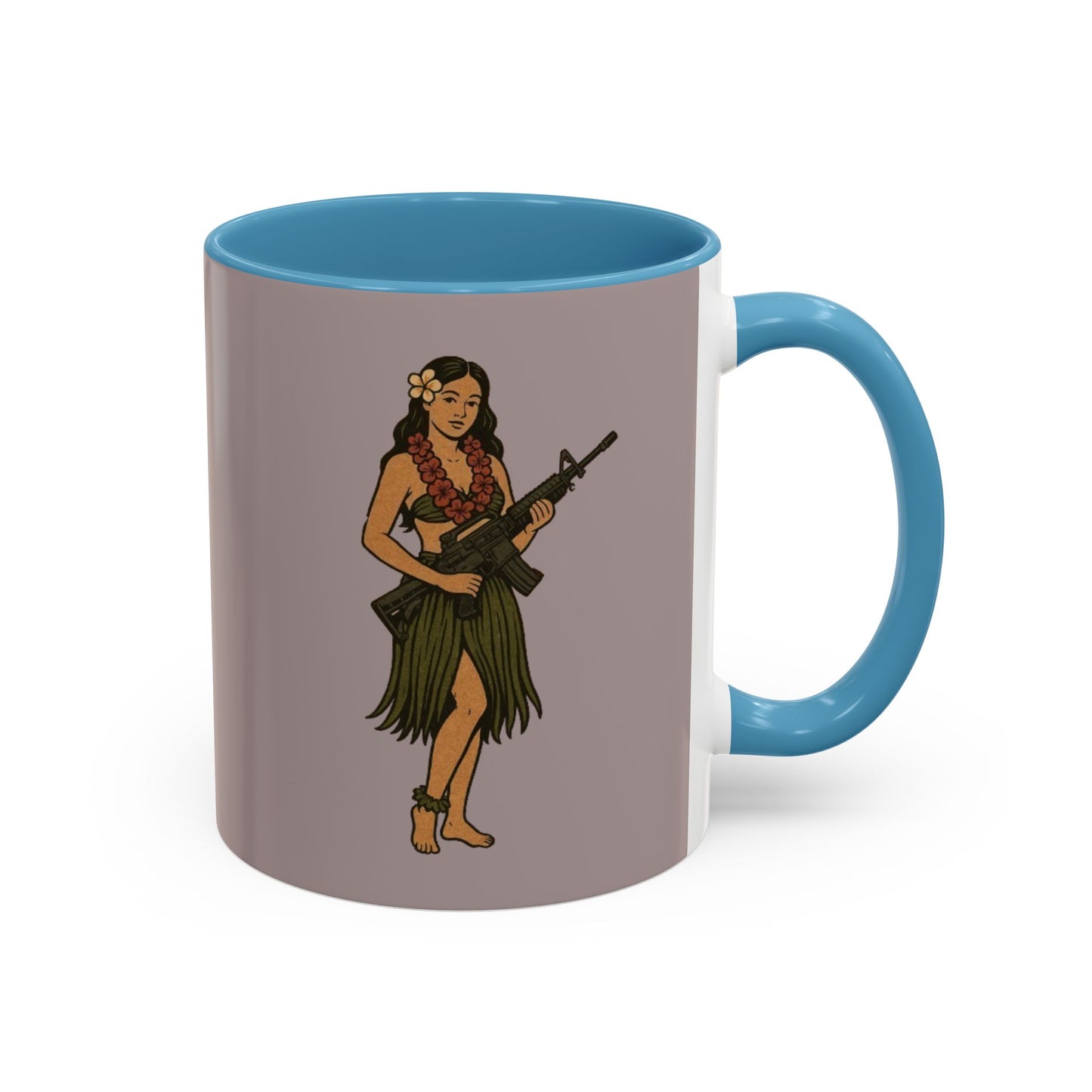 Hula Girl Packin' Heat Grey Accent Mug by theGreenDragonTavern.shop