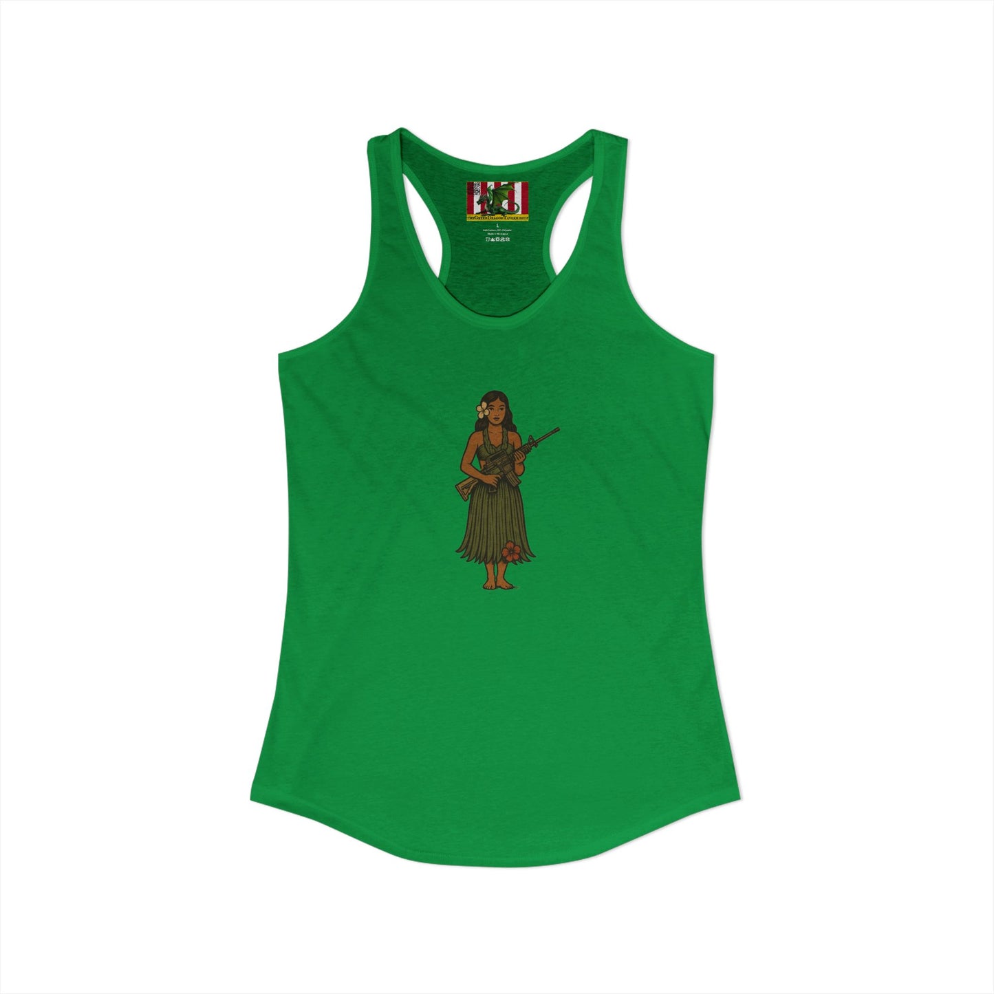 2-sided, Hula Girl Packin' Heat Women's Racerback Tank Top by theGreenDragonTavern.shop