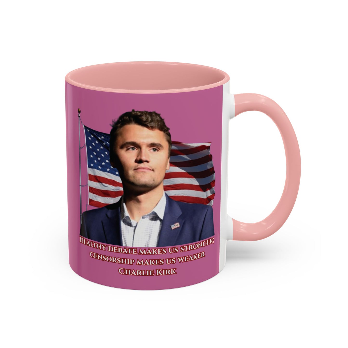 Charlie Kirk, Healthy Debate Pink Accent Mug by theGreenDragonTavern.shop