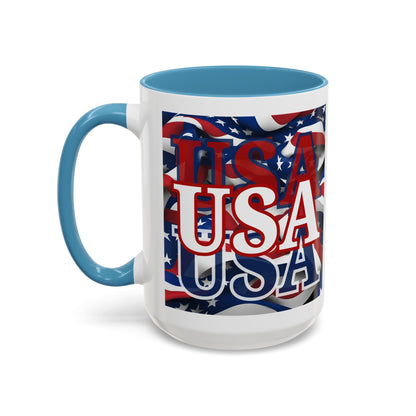 USA White font Center Patriot White Accent Mug by theGreenDragonTavern.shop