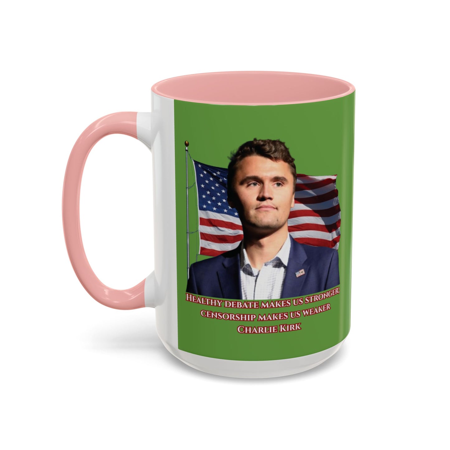 Charlie Kirk, Healthy Debate Green Accent Mug by theGreenDragonTavern.shop