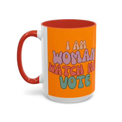 I Am Woman Watch Me Vote Orange Accent Mug by theGreenDragonTavern.shop