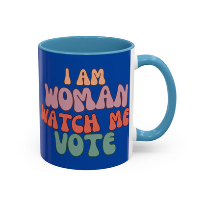 I Am Woman Watch Me Vote Dark Blue Accent Mug by theGreenDragonTavern.shop