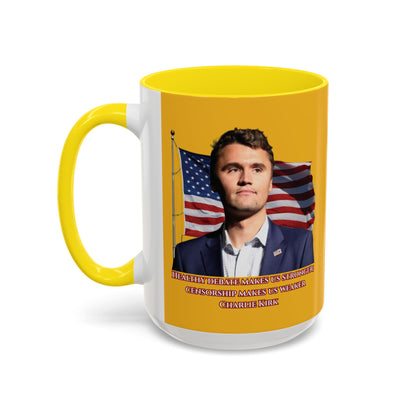 Charlie Kirk, Healthy Debate Yellow Accent Mug by theGreenDragonTavern.shop
