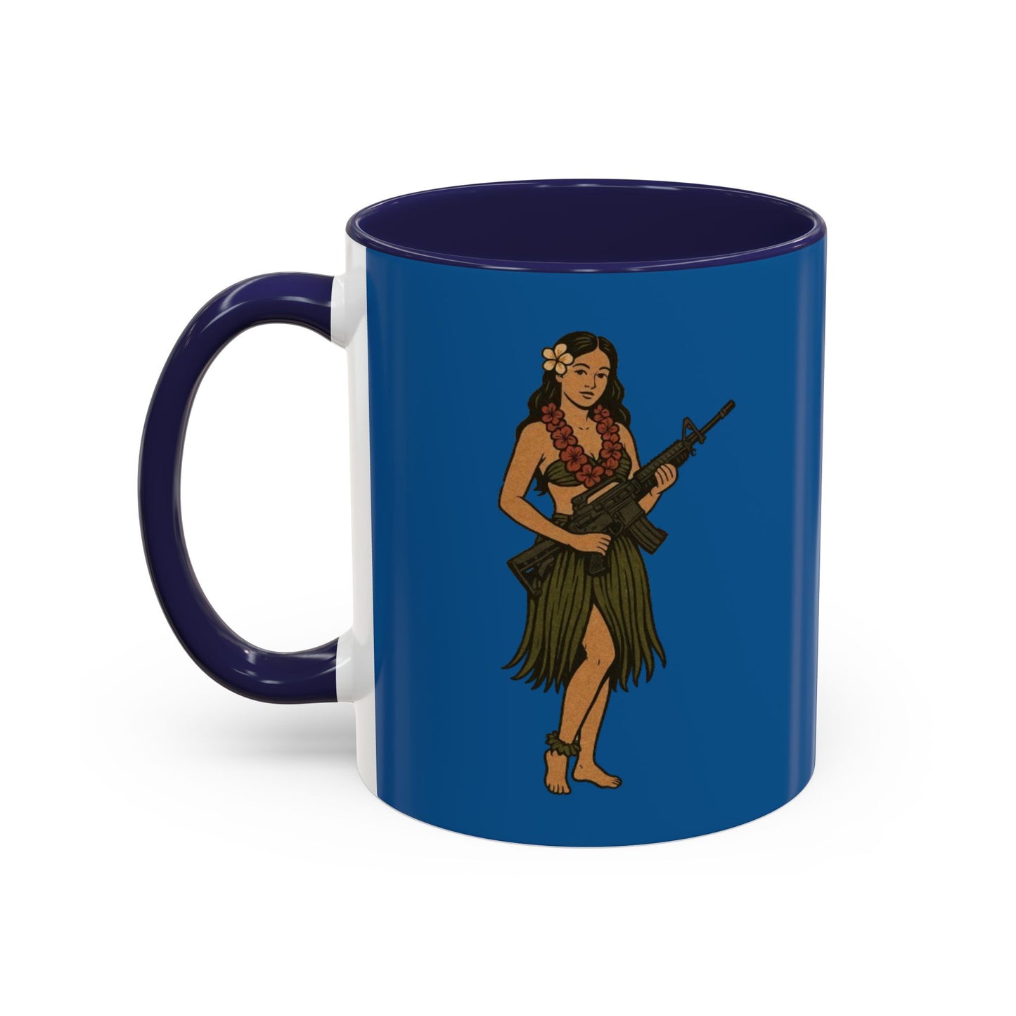 Hula Girl Packin' Heat Dark Blue Accent Mug by theGreenDragonTavern.shop